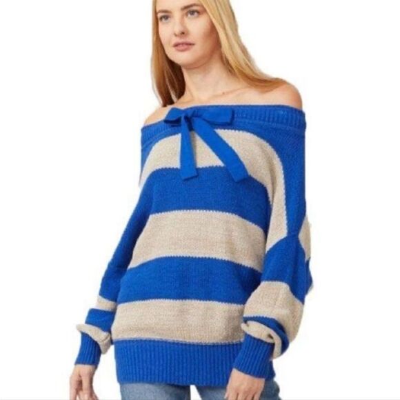 Free People Cassidy Cotton/ Linen Wide Stripe Off Shoulder Sweater Blue/… - Picture 1 of 7